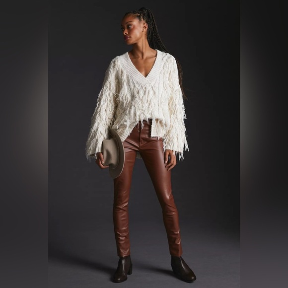 Anthropologie Fringed Pullover Knit Sweater Sequin Fringe in Ivory Large EUC - Picture 6 of 16